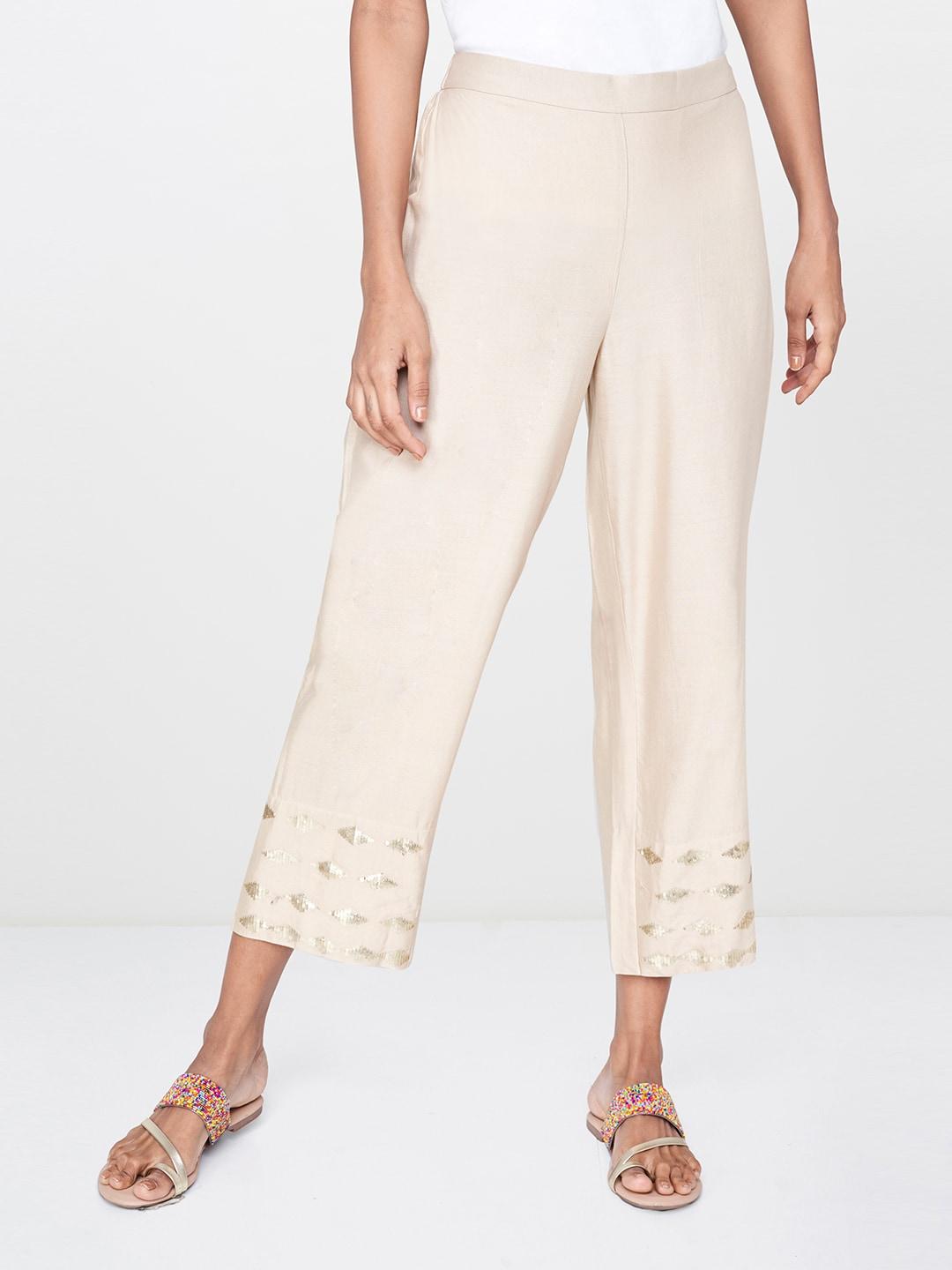 Global Desi Women Off-White Relaxed Straight Fit Solid Parallel Trousers