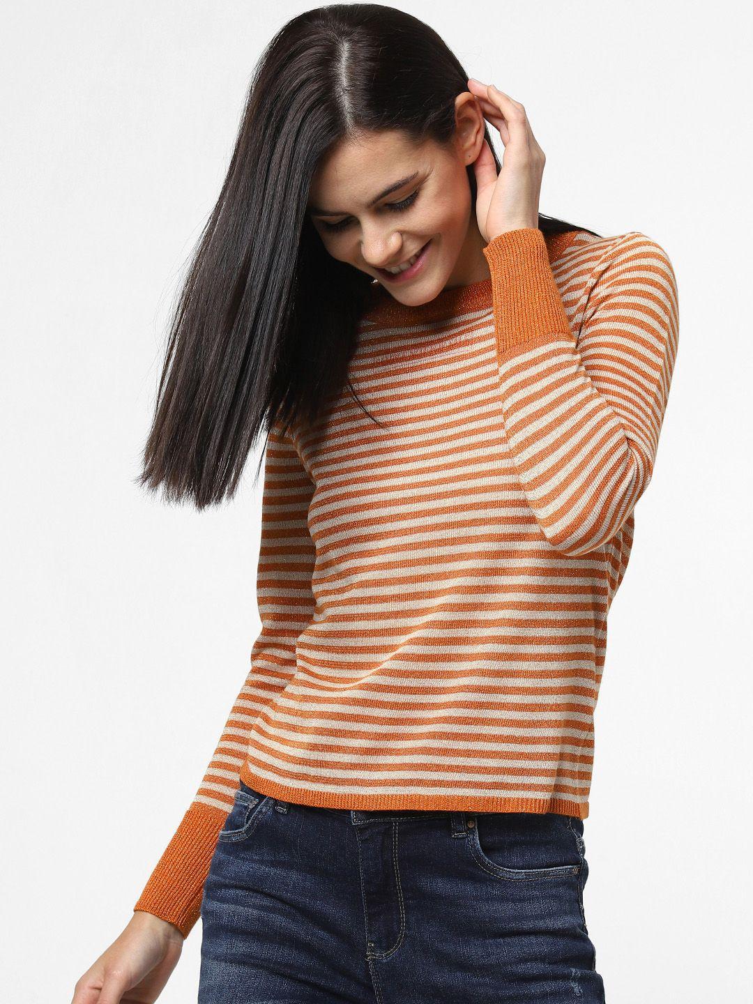 only-women-rust-orange-&-beige-striped-knitted-top