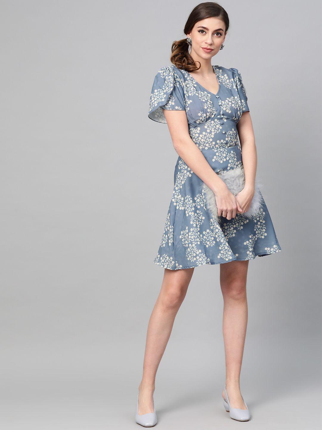SASSAFRAS Blue & Off-White Floral Print Empire Dress