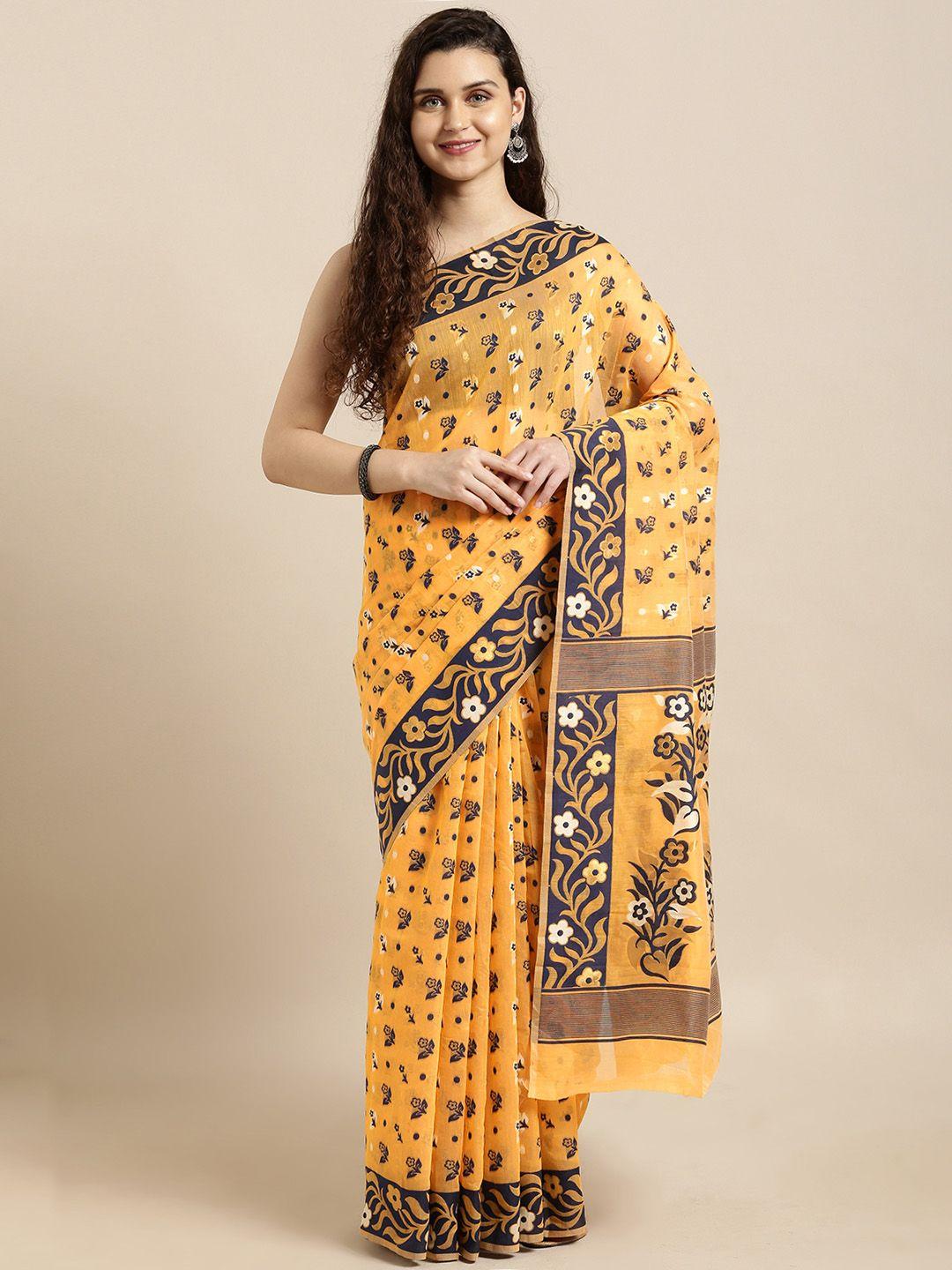 vastranand-orange-&-navy-blue-silk-cotton-printed-jamdani-saree