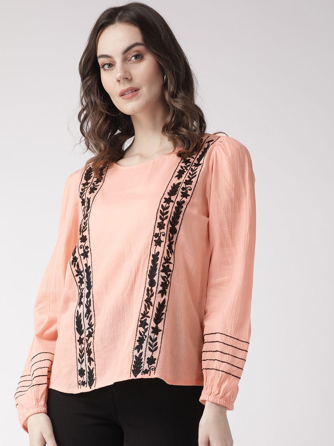 scoup-women-peach-coloured-&-black-embroidered-regular-pure-cotton-top