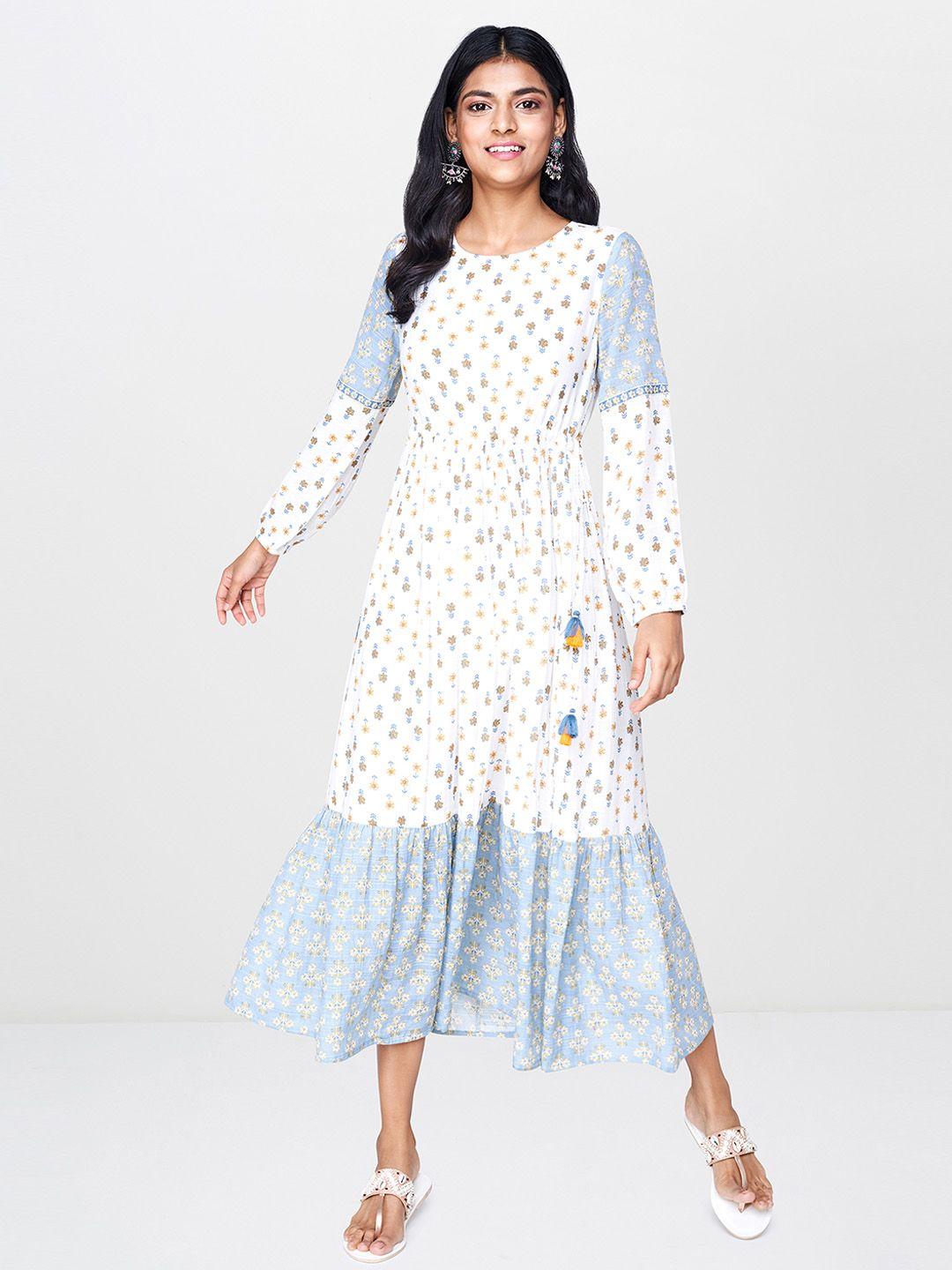 global-desi-women-white-&-blue-printed-fit-and-flare-dress