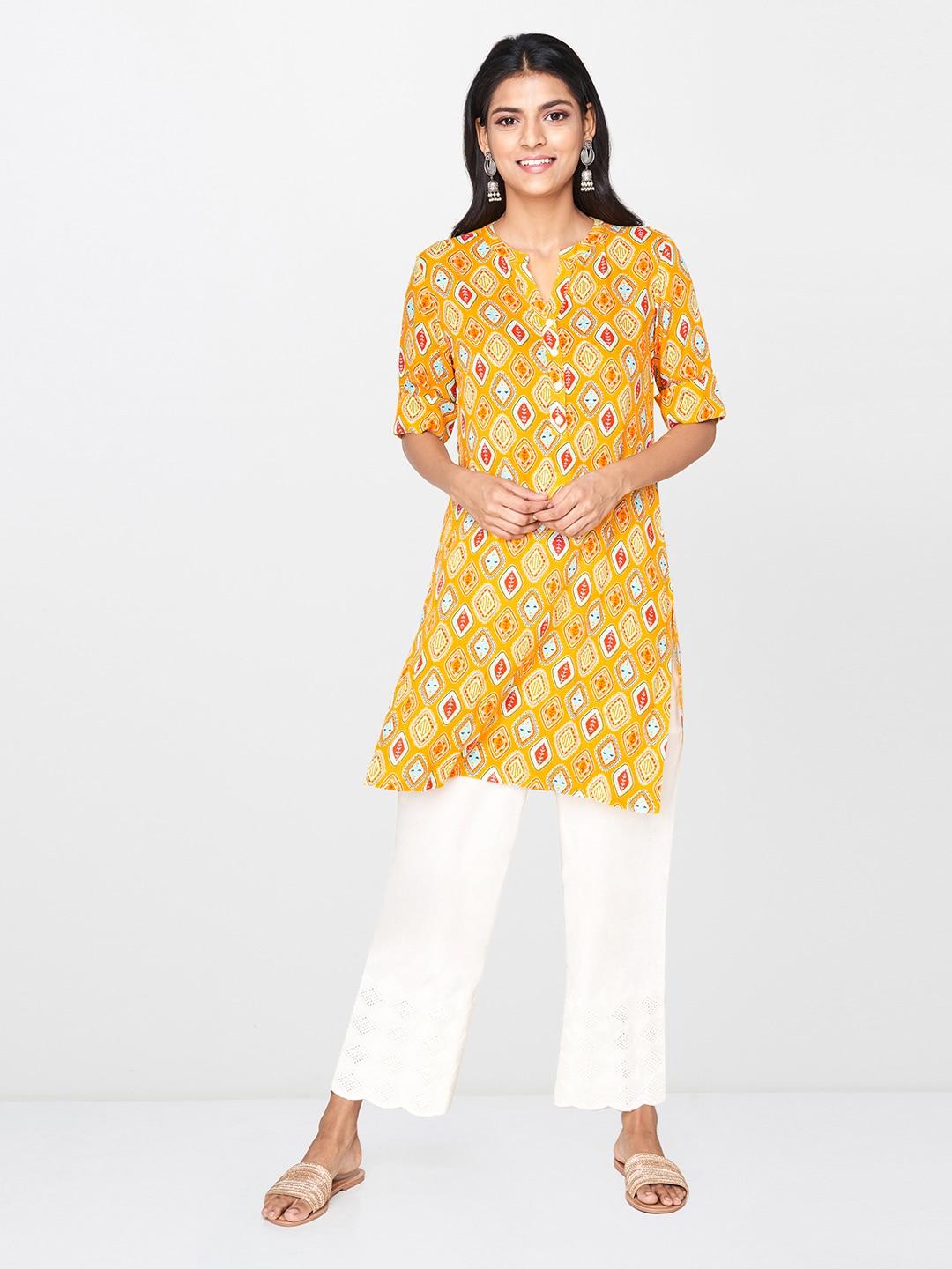 Global Desi Women's Mustard Yellow & Red Printed Tunic