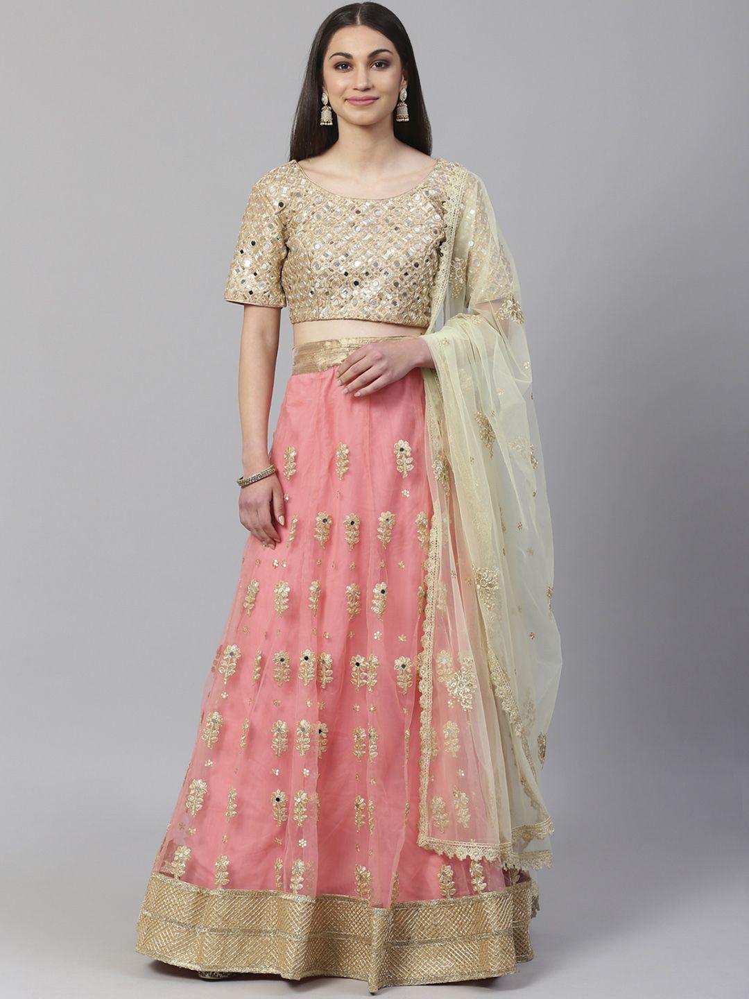 Readiprint Fashions Peach-Coloured & Beige Embroidered Semi-Stitched Lehenga & Unstitched Blouse with Dupatta