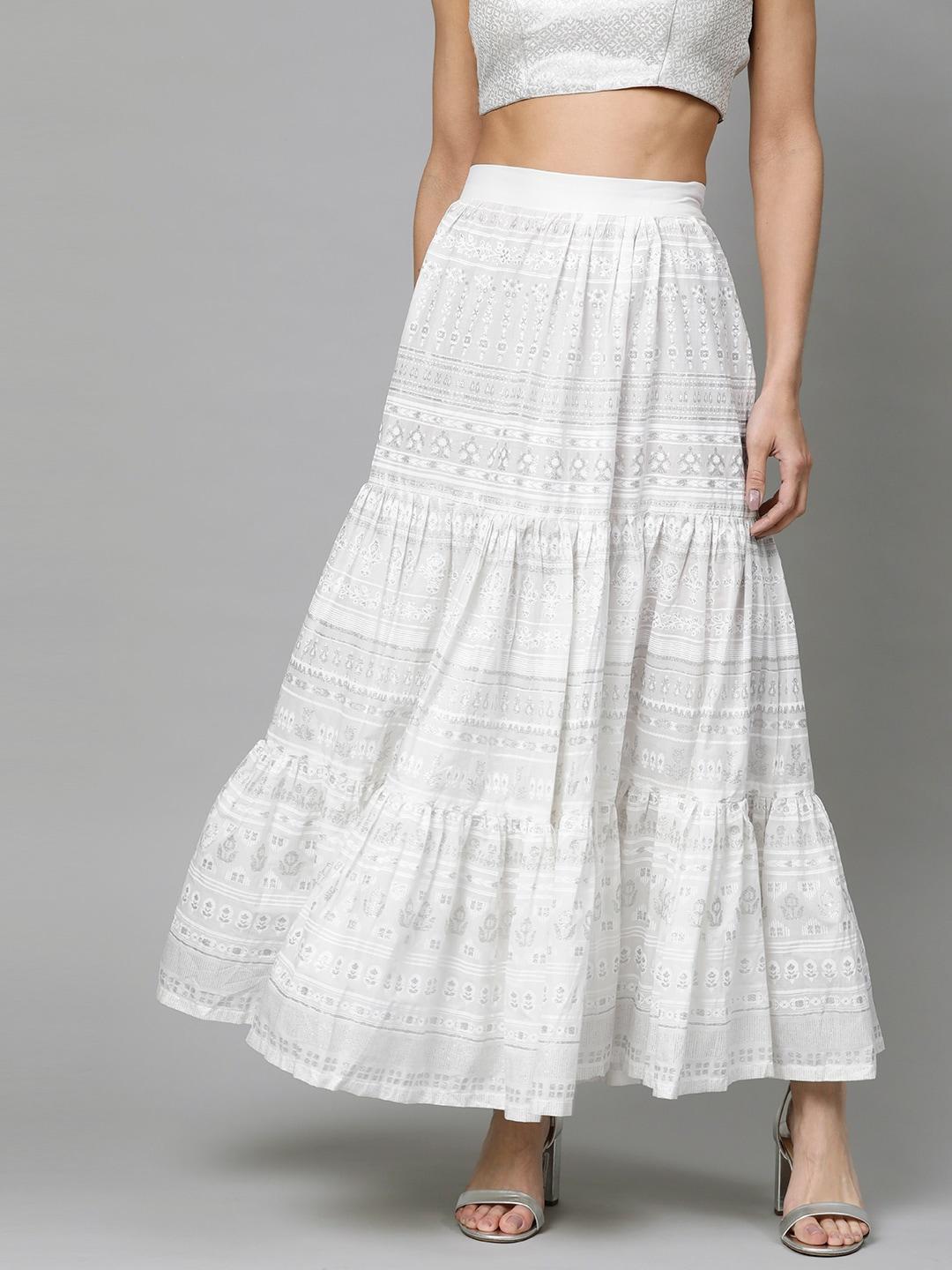 W Women White Pure Cotton Floral Printed Tiered A-Line Skirt