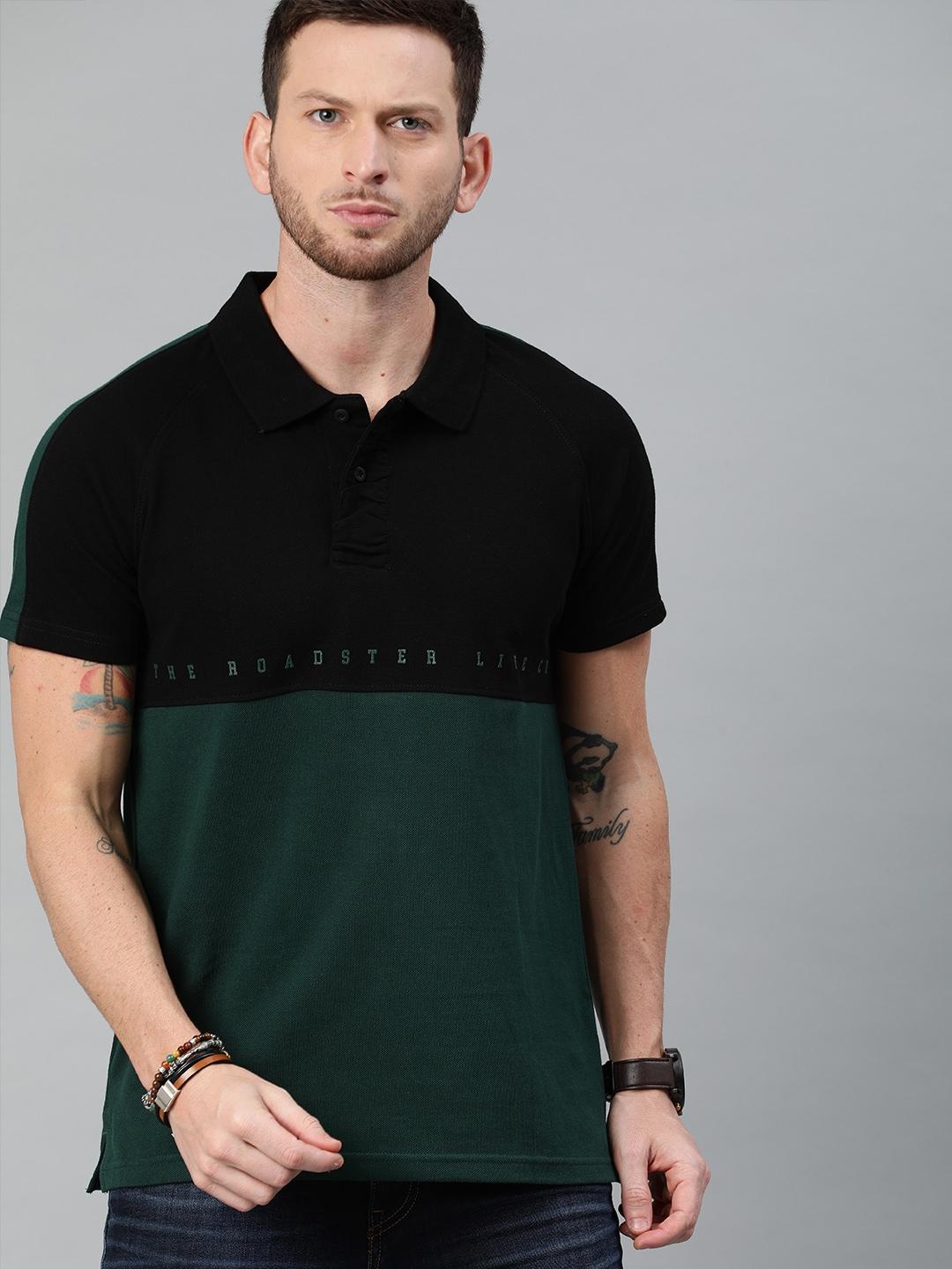 Roadster Men Green & Black Colourblocked Polo Collar T-shirt