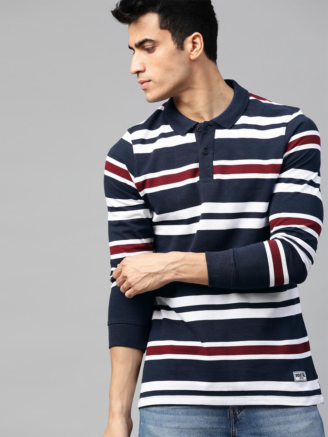 Roadster Men Navy Blue  White Striped Polo Collar Pure Cotton T-shirt