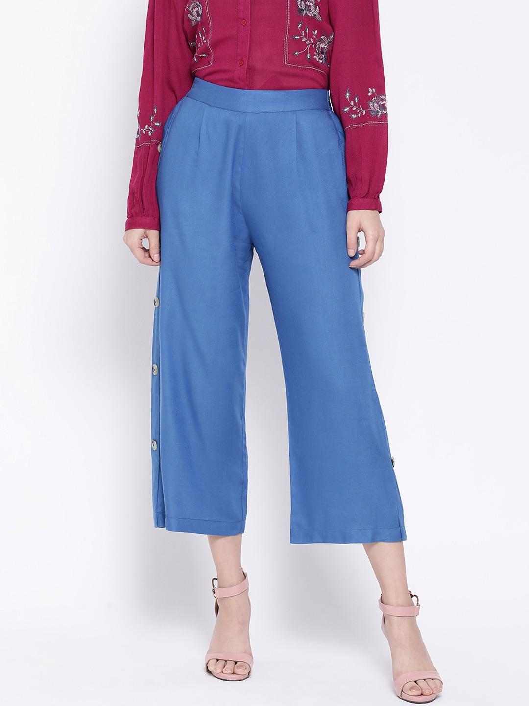 Oxolloxo Women Blue Regular Fit Solid Parallel Trousers