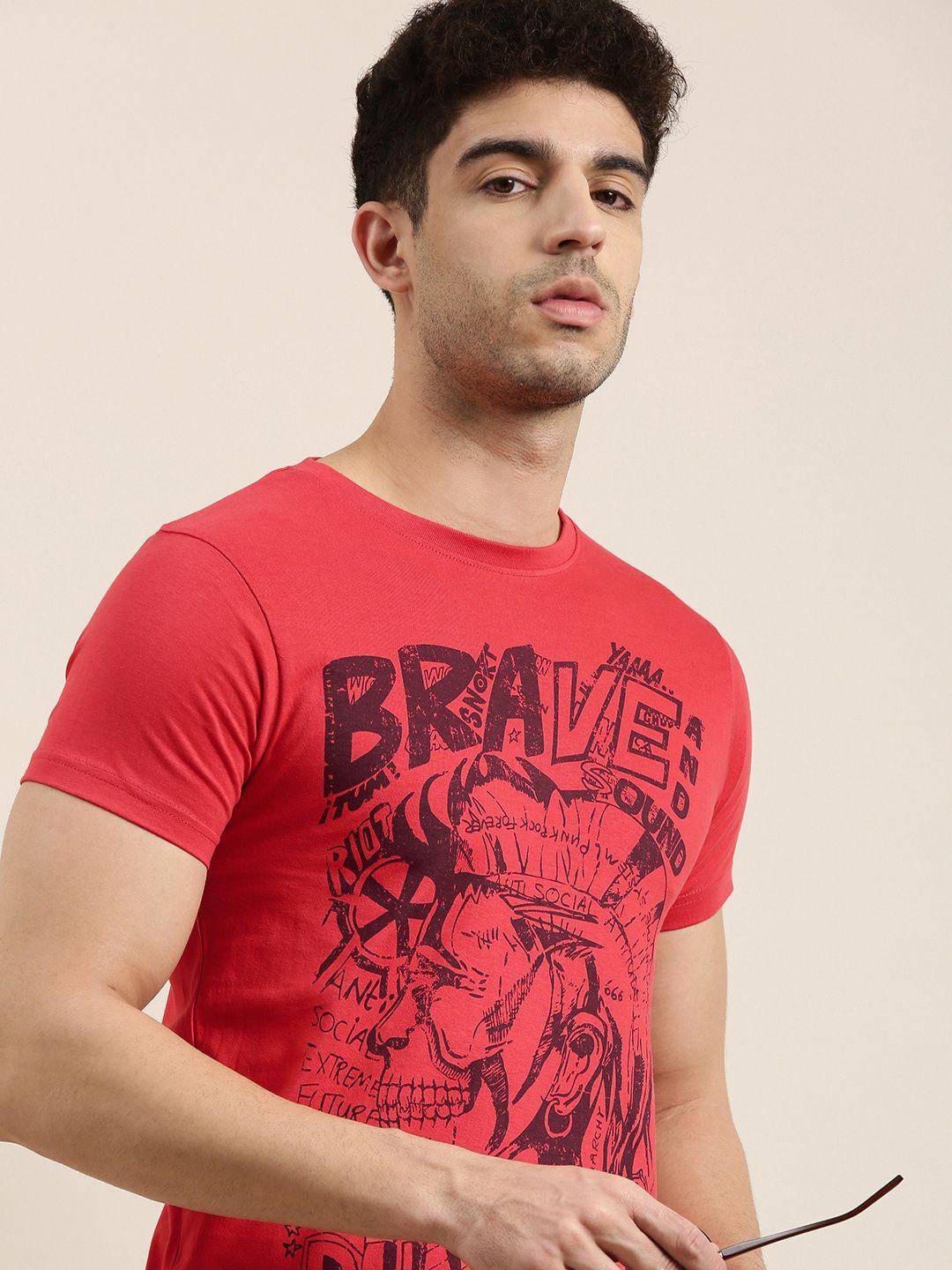 Conditions Apply Men Red  Burgundy Printed Round Neck Pure Cotton T-shirt