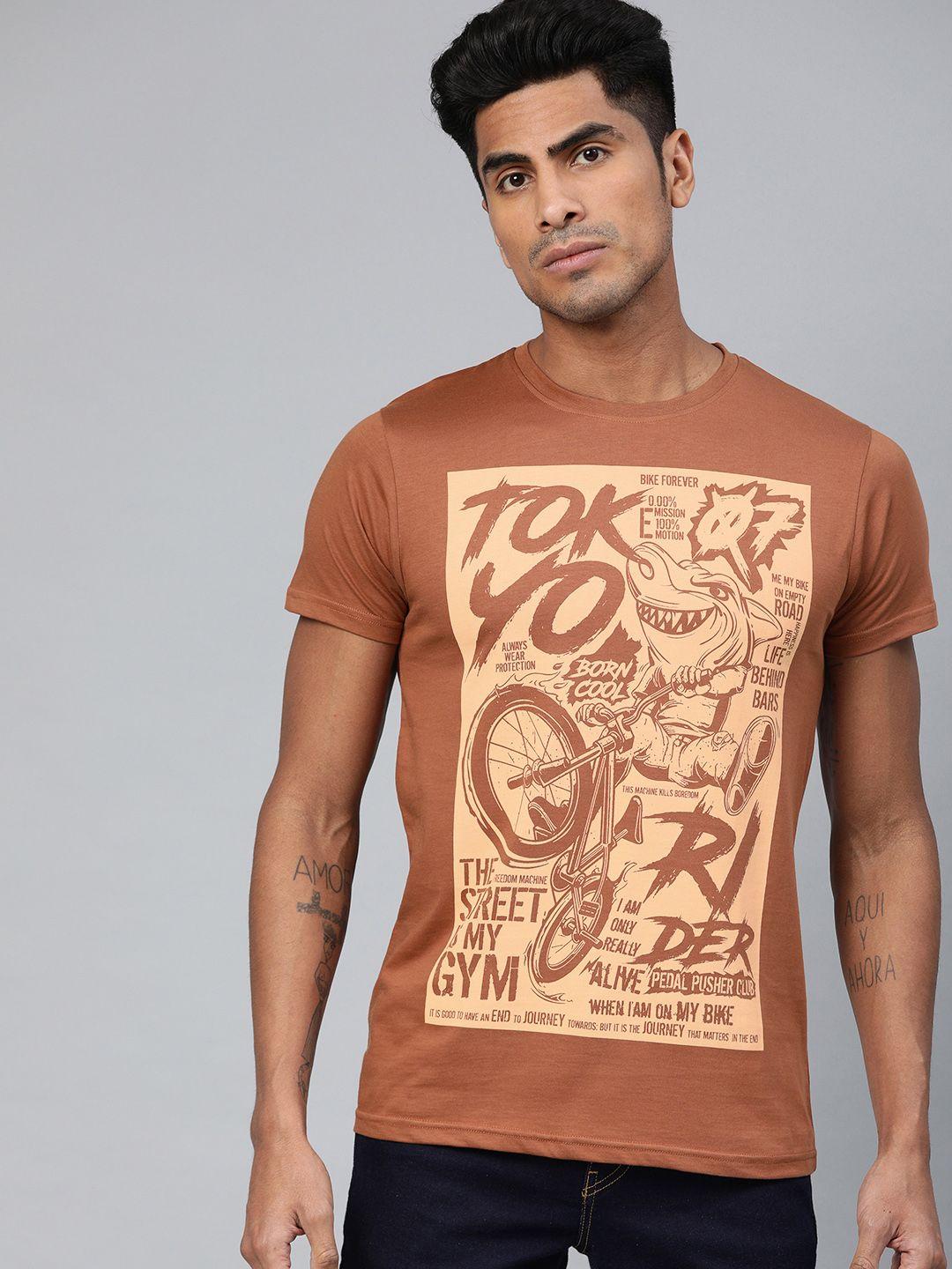 conditions-apply-men-brown-printed-round-neck-pure-cotton-t-shirt