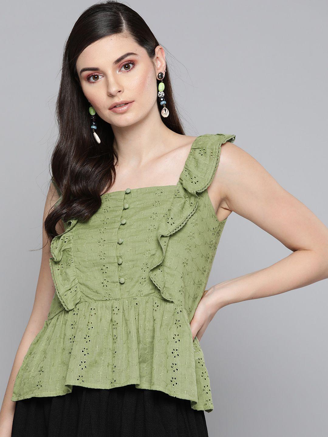 sassafras-olive-green-schiffli-embroidered-a-line-pure-cotton-top