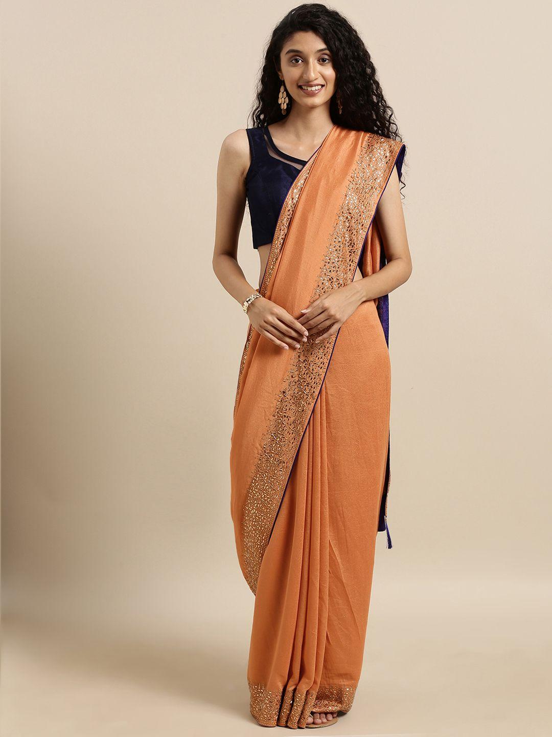 VASTRANAND Peach-Coloured Solid Vichitra Poly Silk Saree with Embellished Border