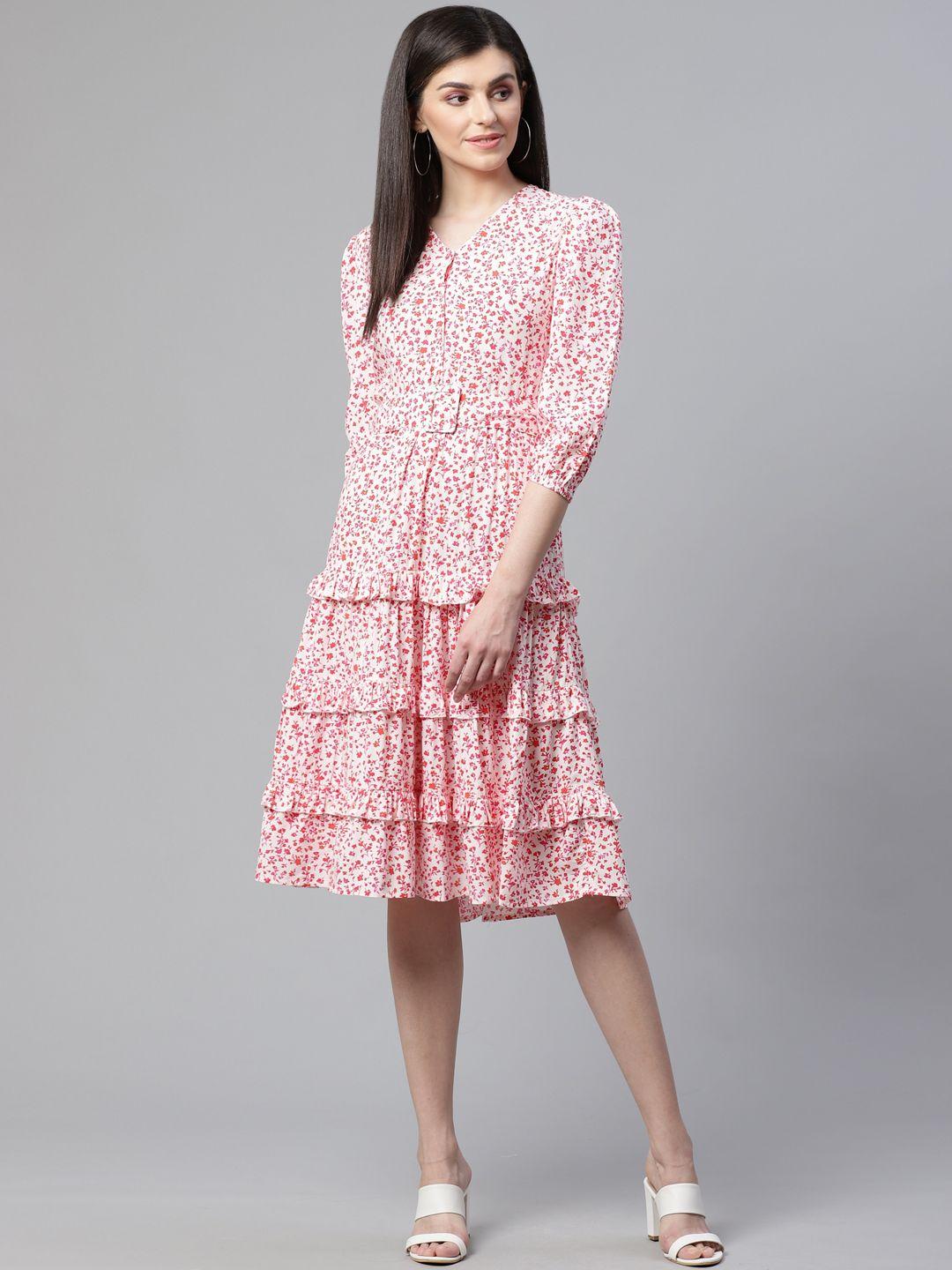 street-9-women-off-white-&-pink-floral-print-tiered-a-line-dress
