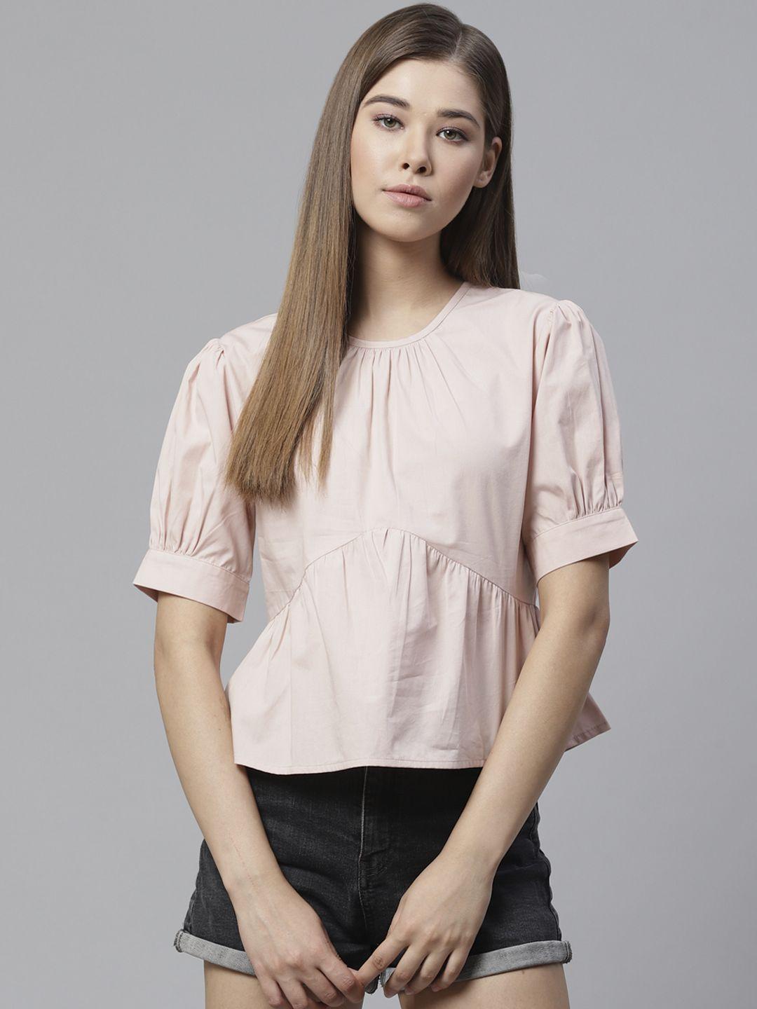 street-9-women-pink-solid-a-line-pure-cotton-top