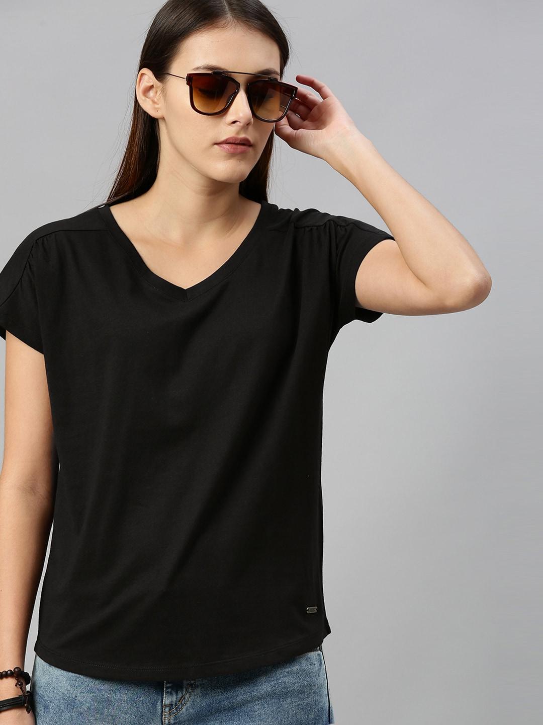 Roadster Women Black V-Neck Cotton Pure Cotton T-shirt