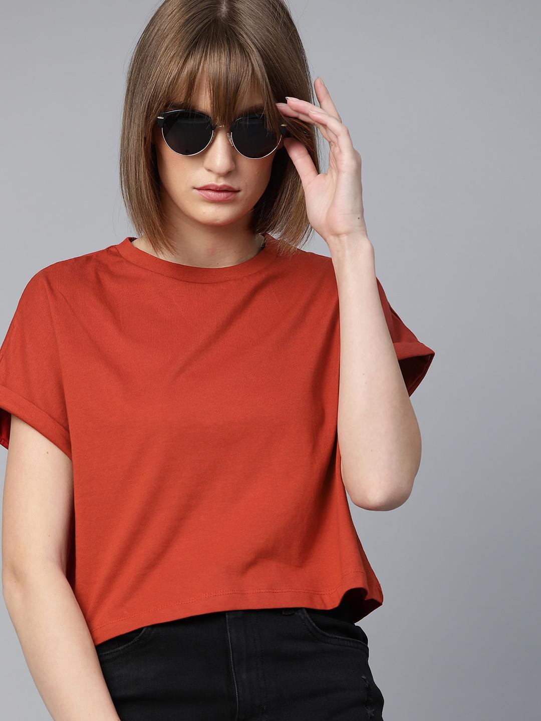 Roadster Rust Red Round Neck Boxy Crop Top