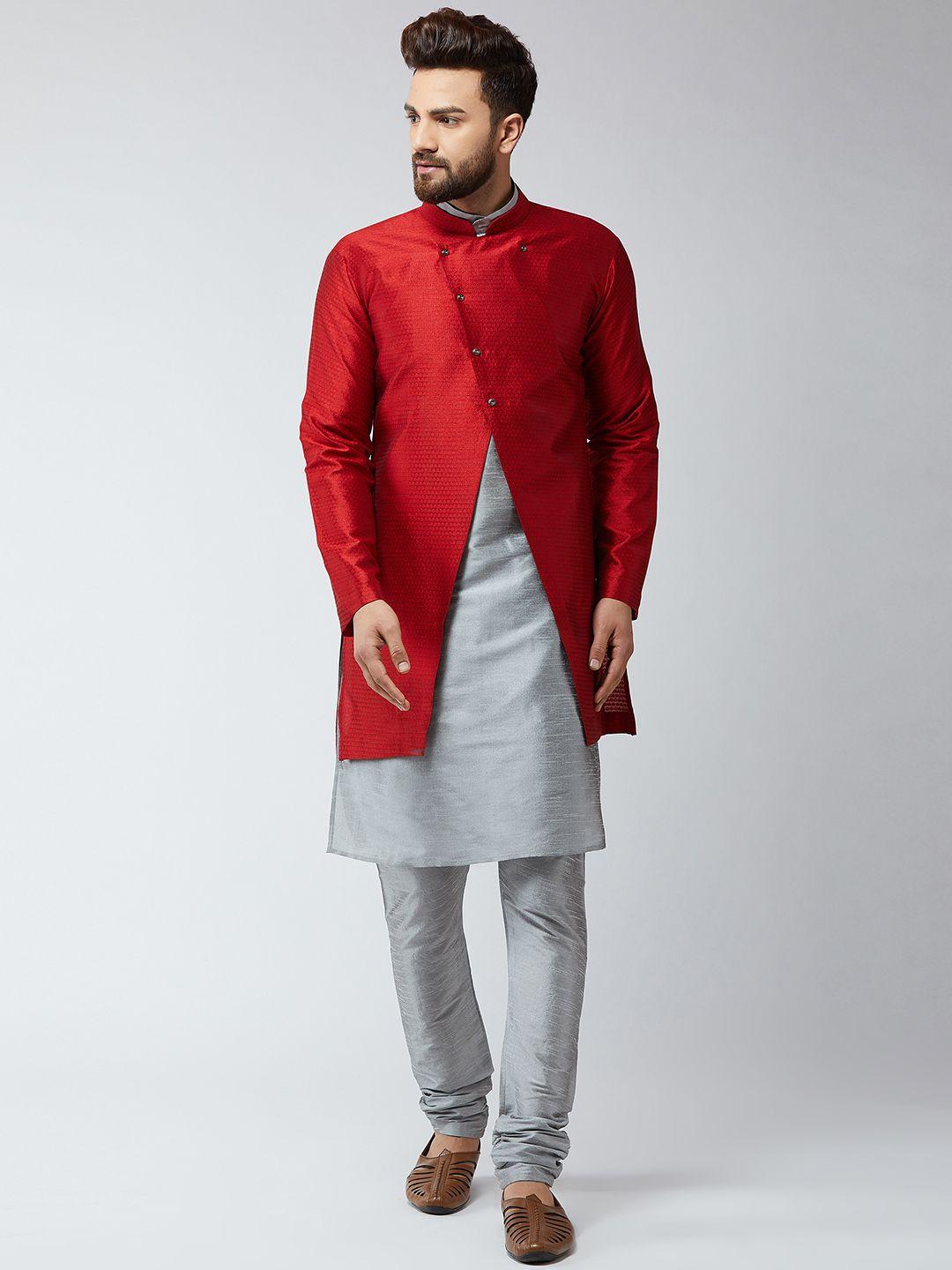 sojanya-men-maroon-&-grey-self-design-sherwani-set