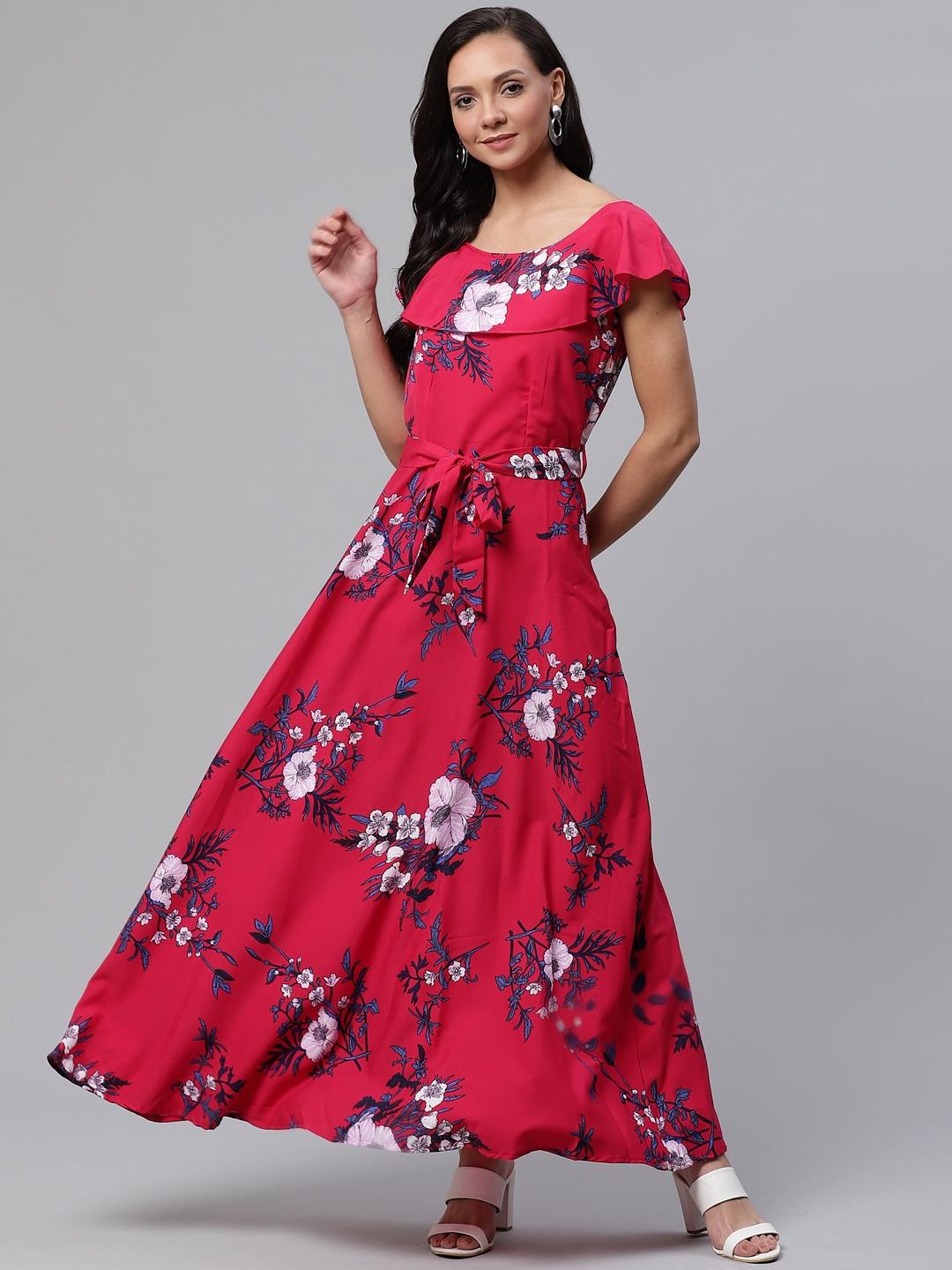 Deewa Women Fuchsia Pink & White Floral Print Maxi Dress