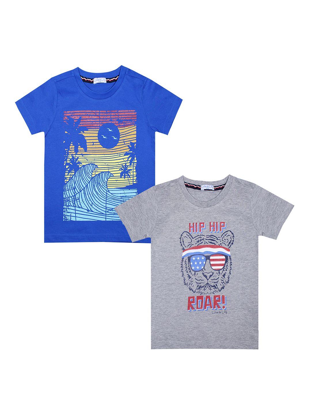 Luke  Lilly Pack of 2 Boys Blue Printed Round Neck Pure Cotton T-shirt