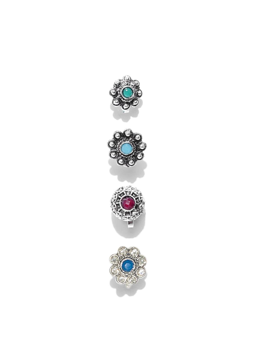 Zaveri Pearls Set of 4 Oxidised Silver-Plated Blue & Red Stone-Studded Clip-On Nosepins