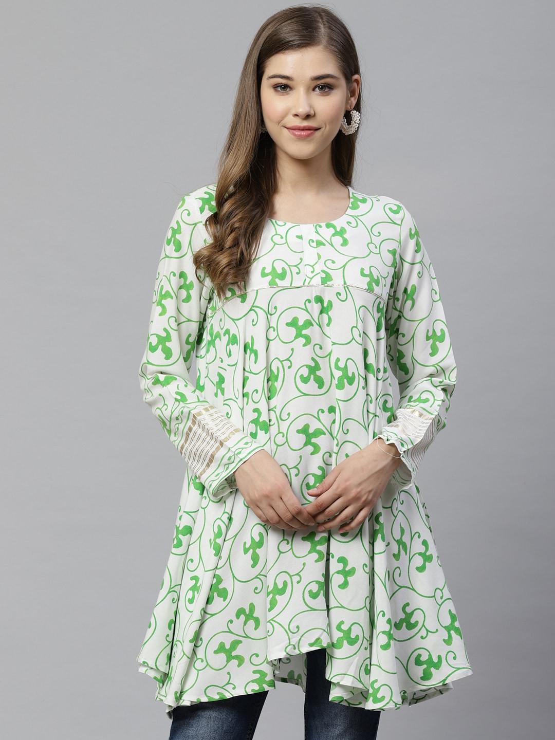 Ahalyaa Women White & Green Ethnic Printed Asymmetric Tunic