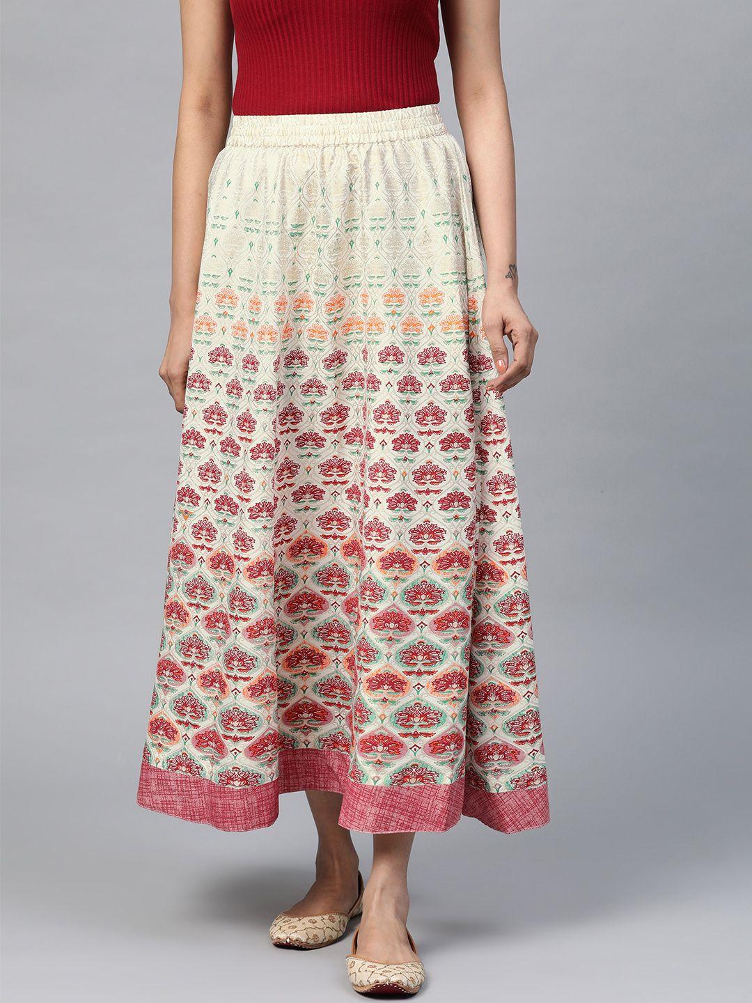 AURELIA Women White & Red Ethnic Print Flared Maxi Skirt
