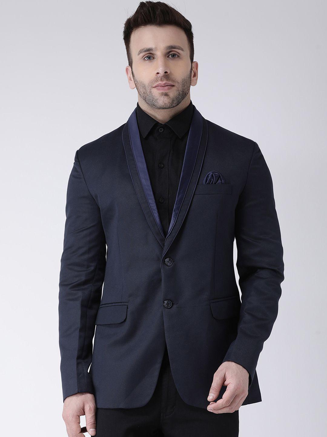 Hangup Men Navy Blue Solid Single-Breasted Party Blazer