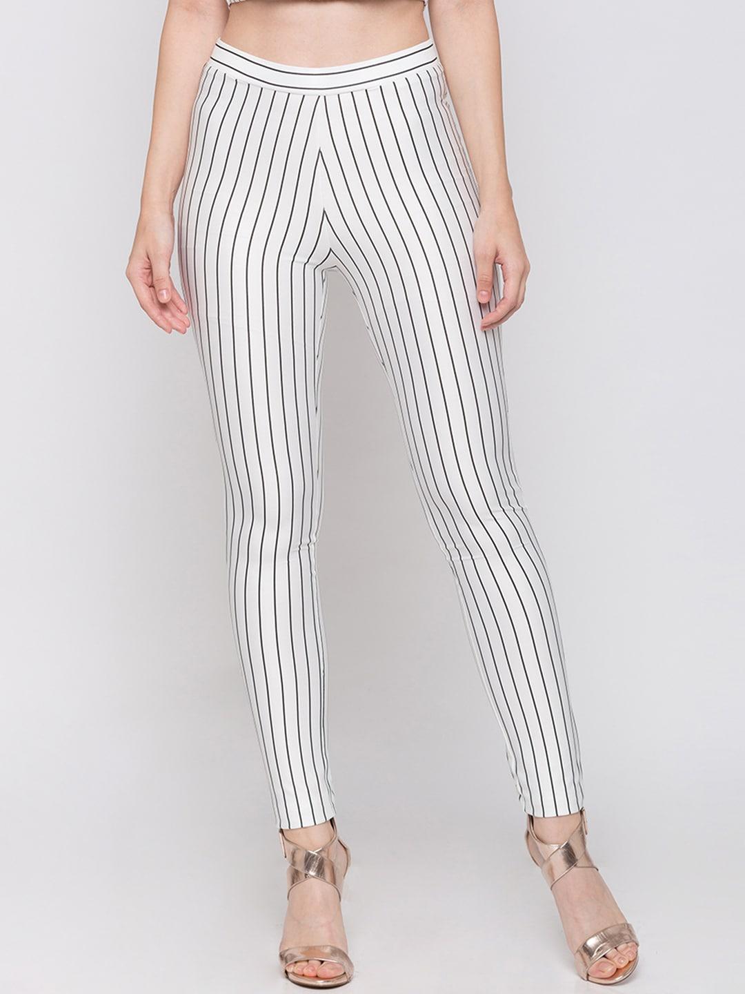 Globus Women White & Black Striped Skinny-Fit Treggings
