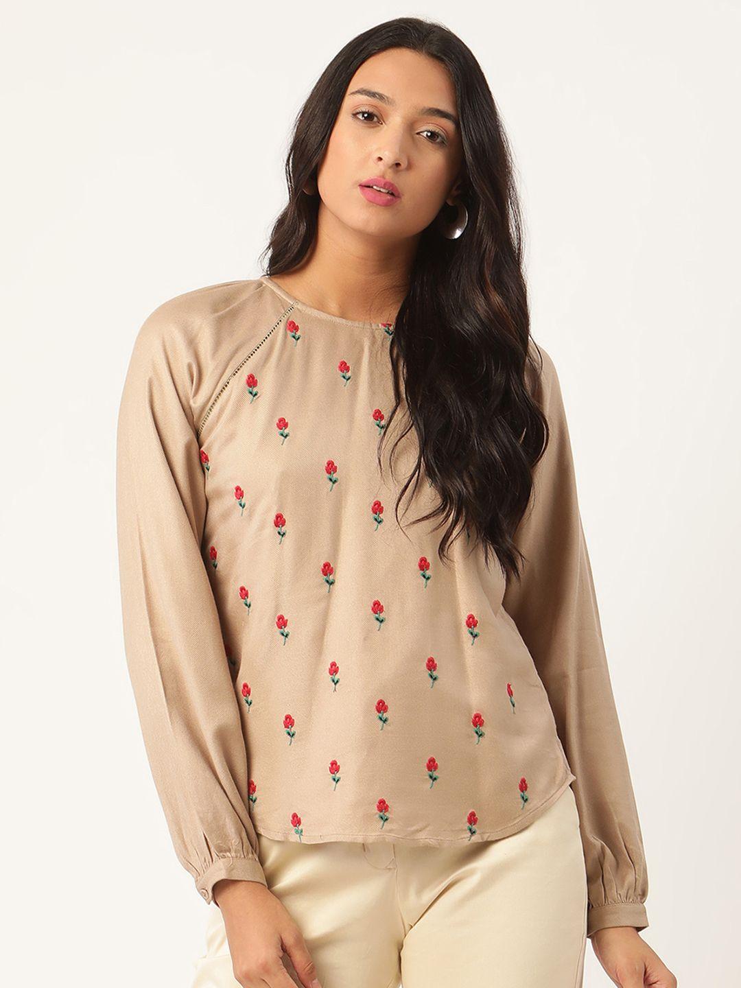 ROOTED Women Beige Embroidered Bishop Sleeve Top