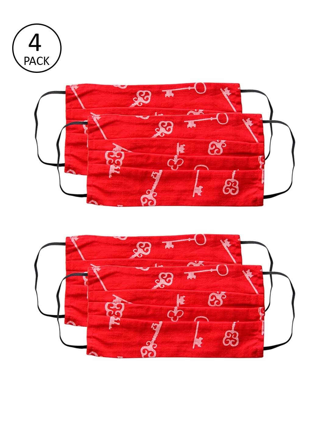 Voylla Unisex Red & White Printed 4 Pcs 2 Ply Reusable Outdoor Fabric Masks