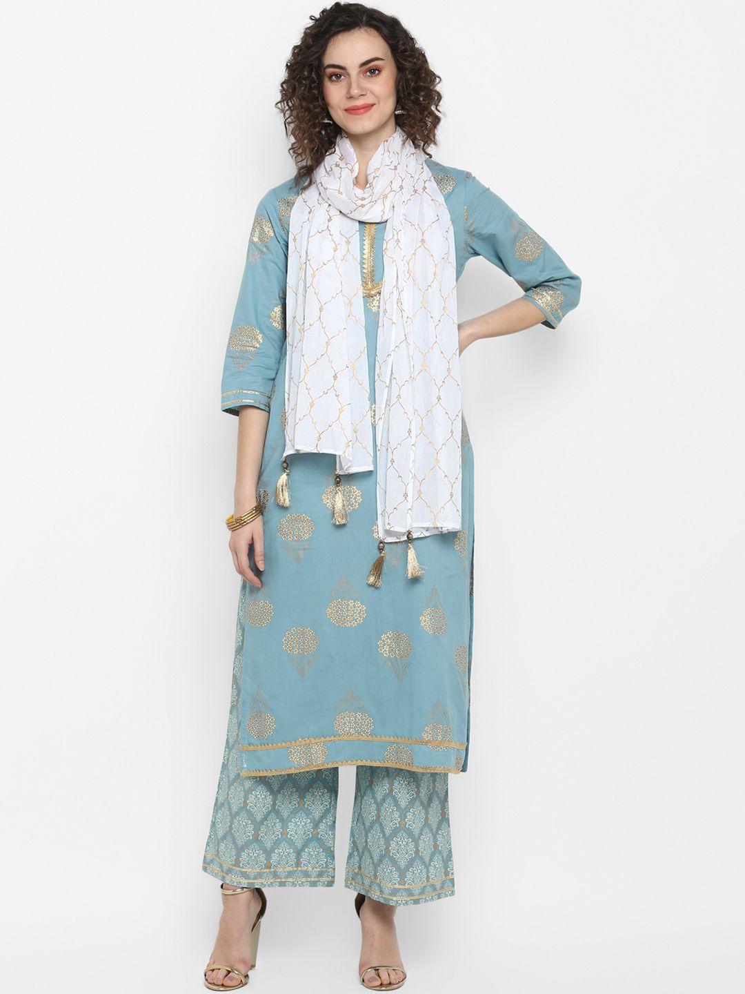 janasya-women-blue-&-gold-toned-printed-kurta-with-palazzos-&-dupatta