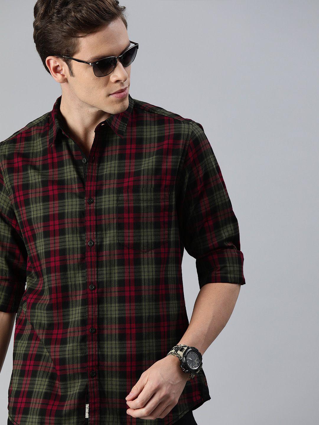 roadster-men-maroon-&-olive-green-regular-fit-checked-sustainable-casual-shirt