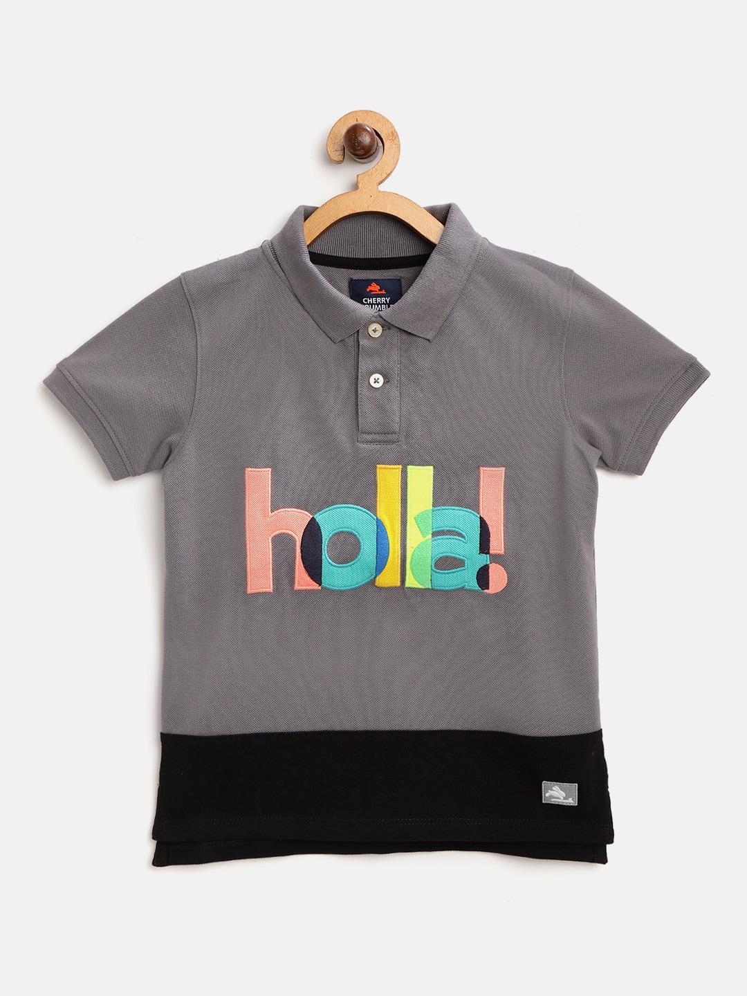 Cherry Crumble Boys Charcoal Grey & Black Holla Patterned Polo Collar T-shirt