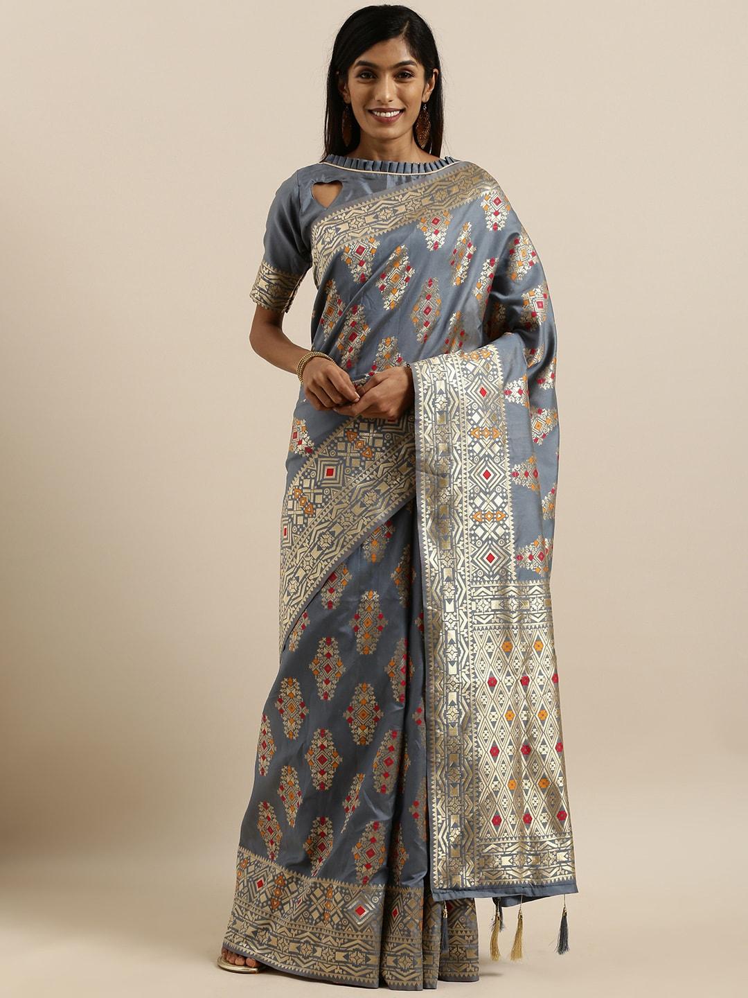 SHAVYA Grey & Gold-Toned Silk Blend Woven Design Banarasi Saree