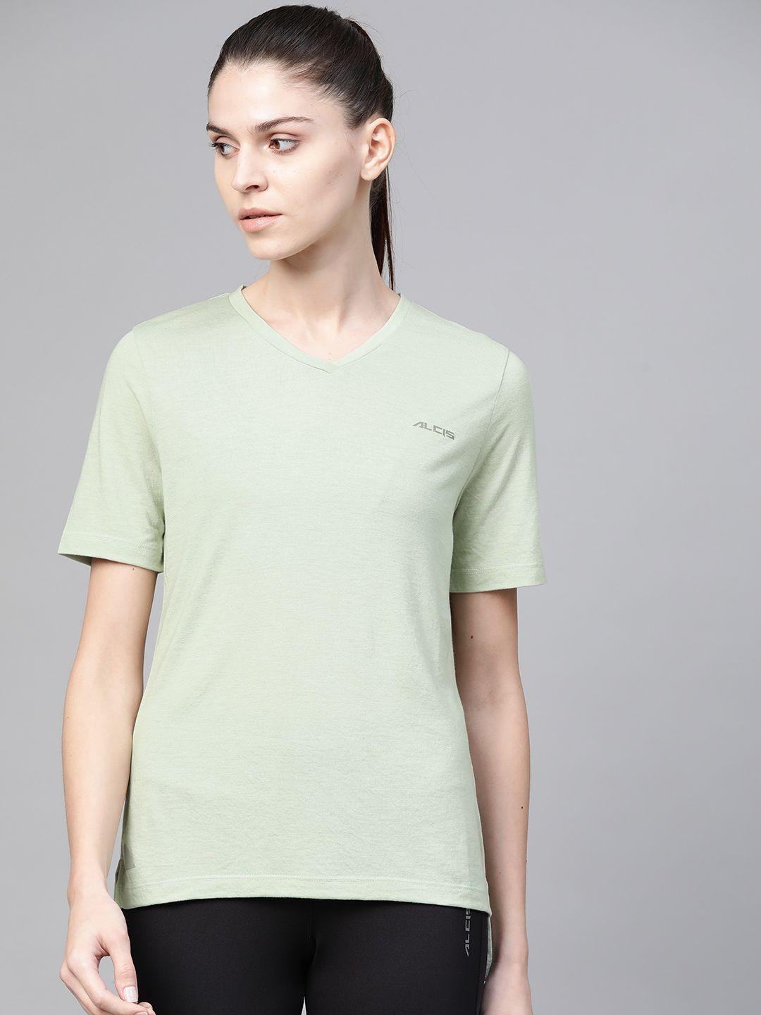 alcis-women-green-solid-v-neck-high-low-training-t-shirt
