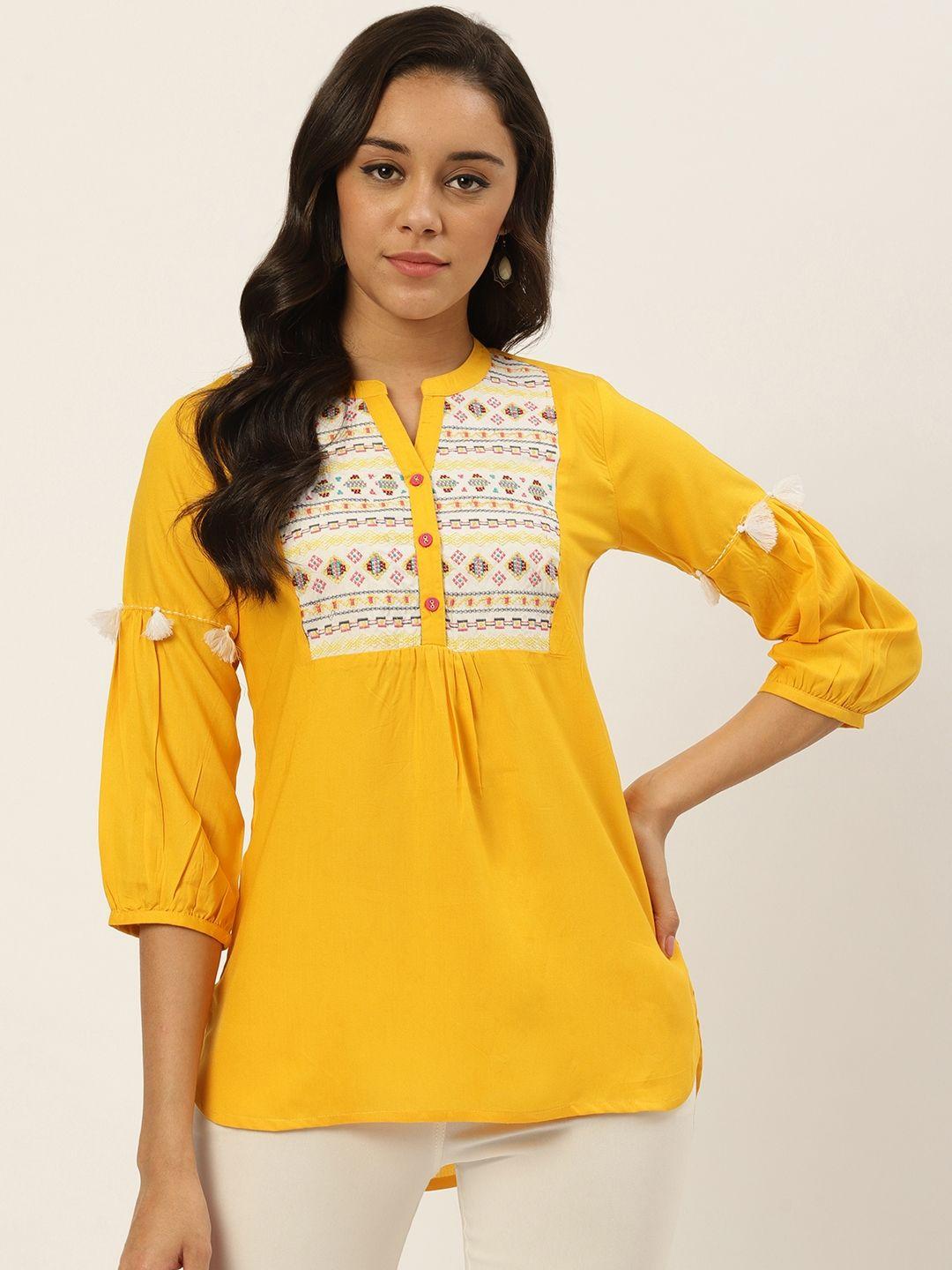 rangmayee-women-mustard-yellow-embroidered-yoke-high-low-tunic