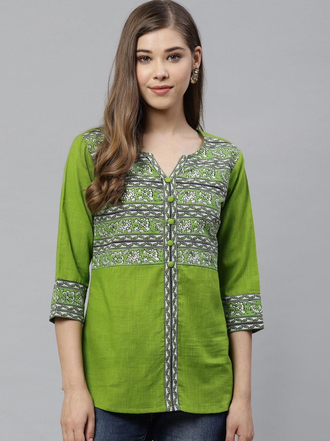 YASH GALLERY Women Green & Off-White Printed Top