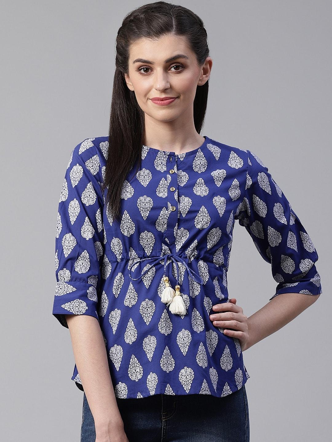 YASH GALLERY Women Navy Blue & White Printed Ethnic Cinched Waist Top