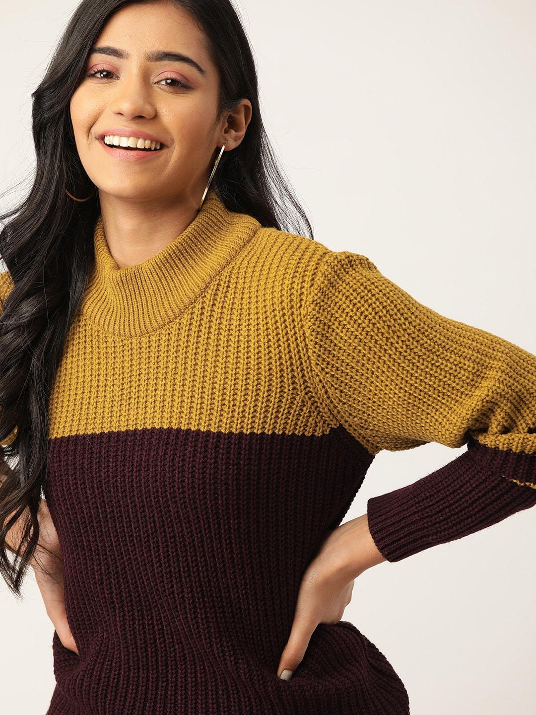 DressBerry Women Mustard Yellow & Coffee Brown Colourblocked Pullover Sweater