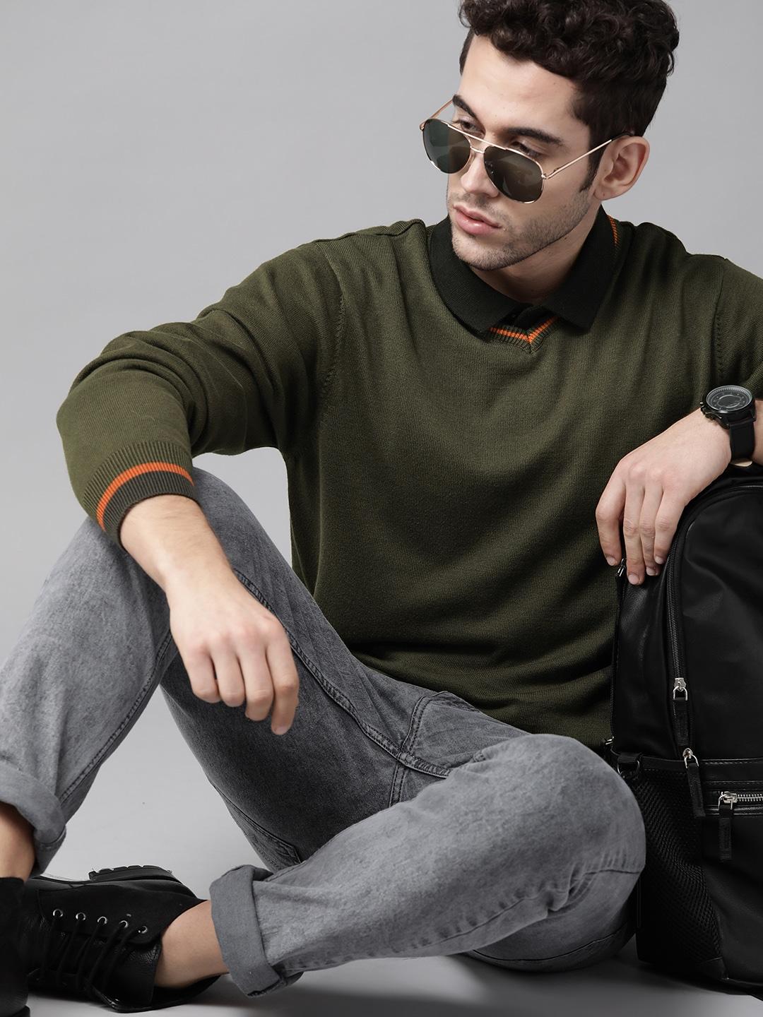 roadster-men-olive-green-solid-pullover-sweater