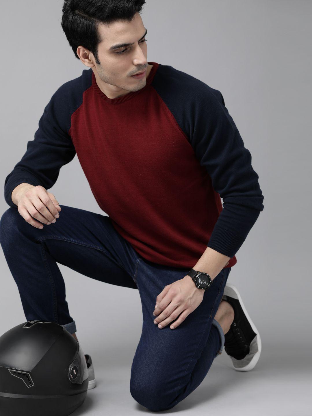 roadster-men-maroon-&-navy-blue-solid-sweater