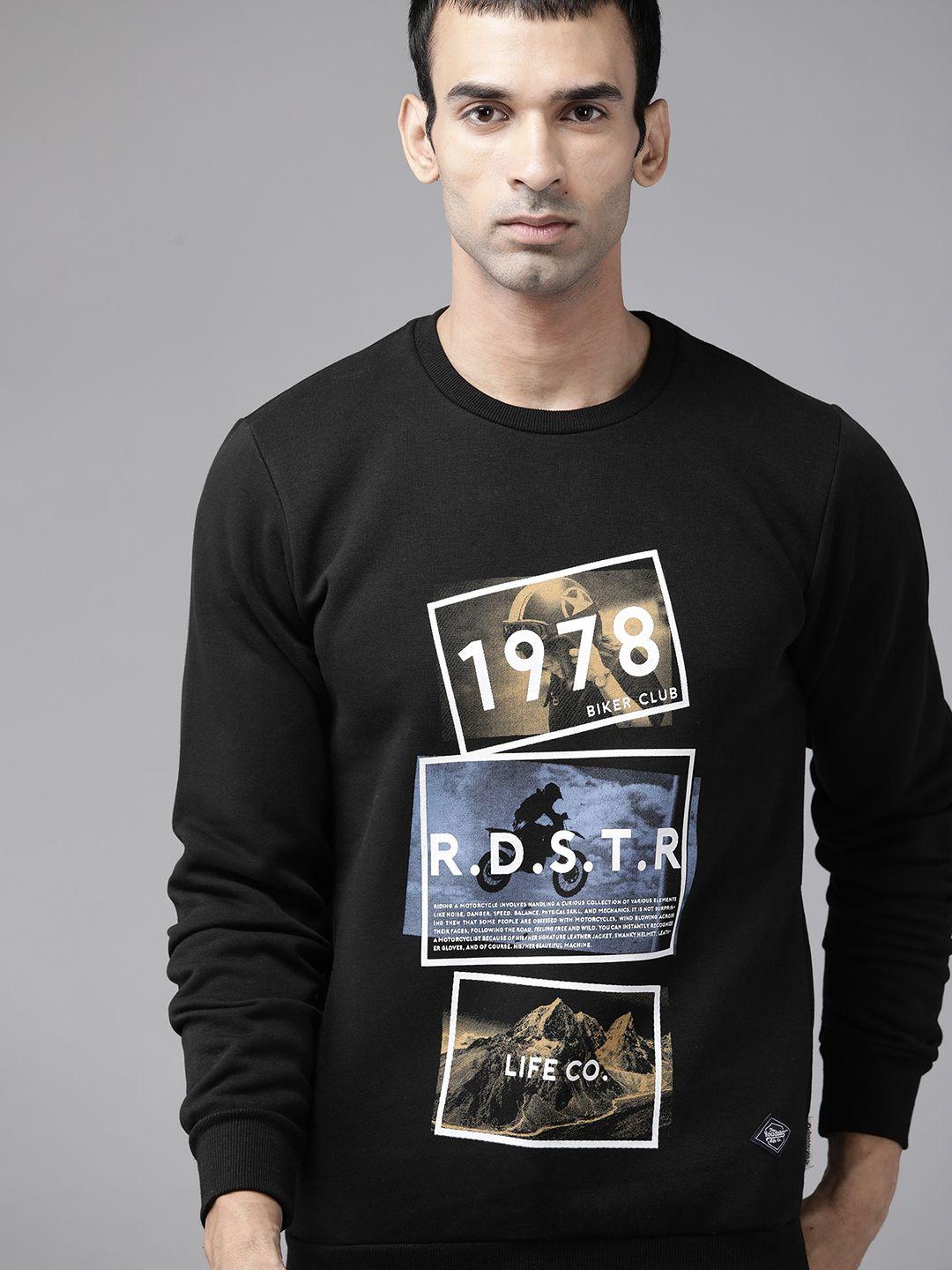 Roadster Men Black & Blue Printed Cotton Sweatshirt