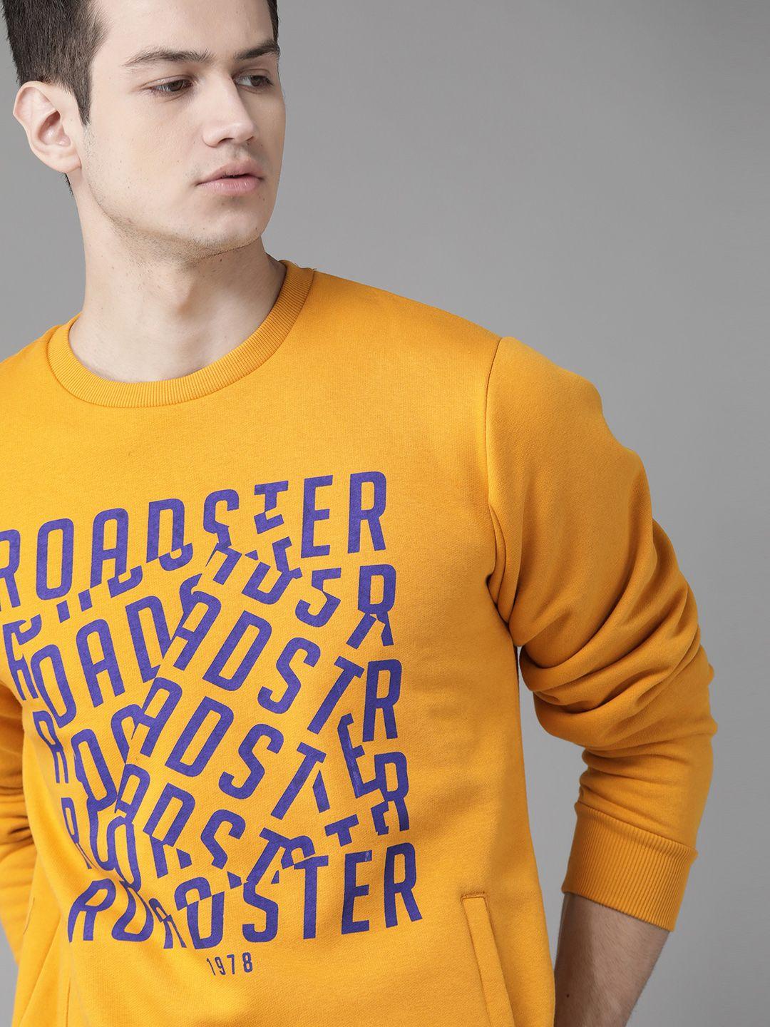 roadster-men-mustard-yellow-&-blue-printed-sweatshirt