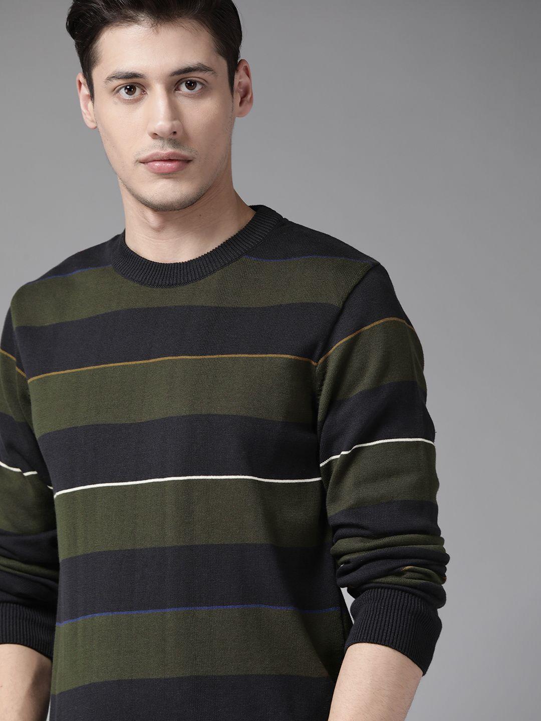 roadster-men-olive-green-&-navy-blue-striped-pure-cotton-pullover