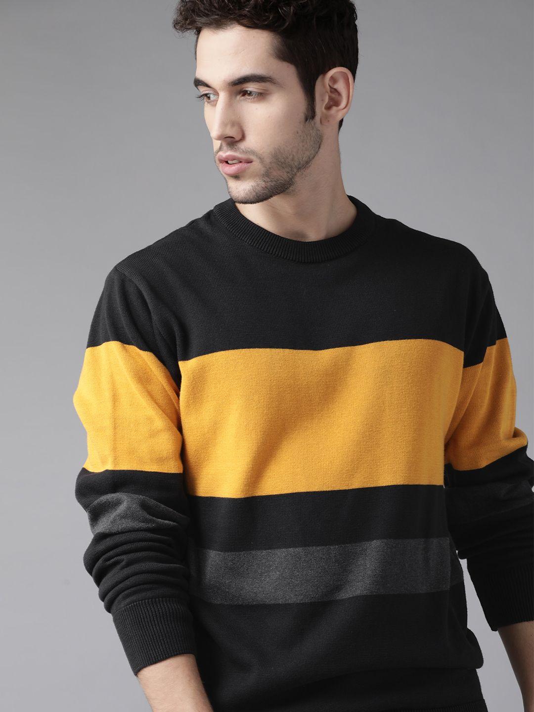 roadster-men-black-&-mustard-yellow-striped-pullover