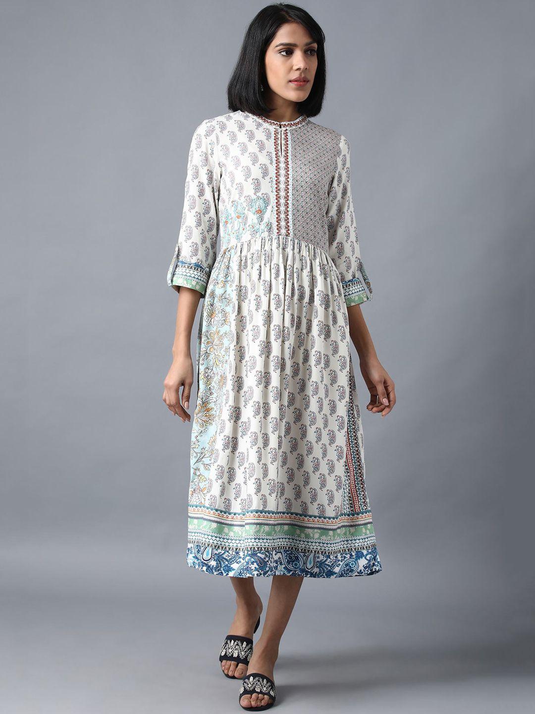 w-women-white-printed-fit-and-flare-dress