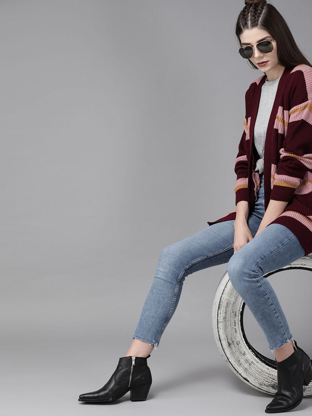 roadster-women-burgundy-&-pink-striped-stretchable-longline-front-open-acrylic-sweater