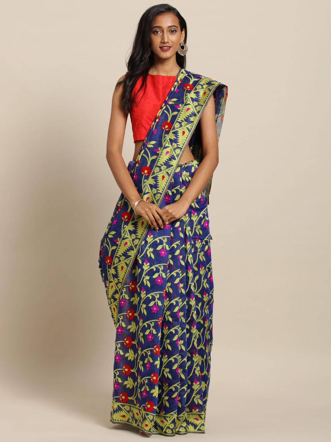 vastranand-blue-&-green-silk-cotton-printed-jamdani-saree
