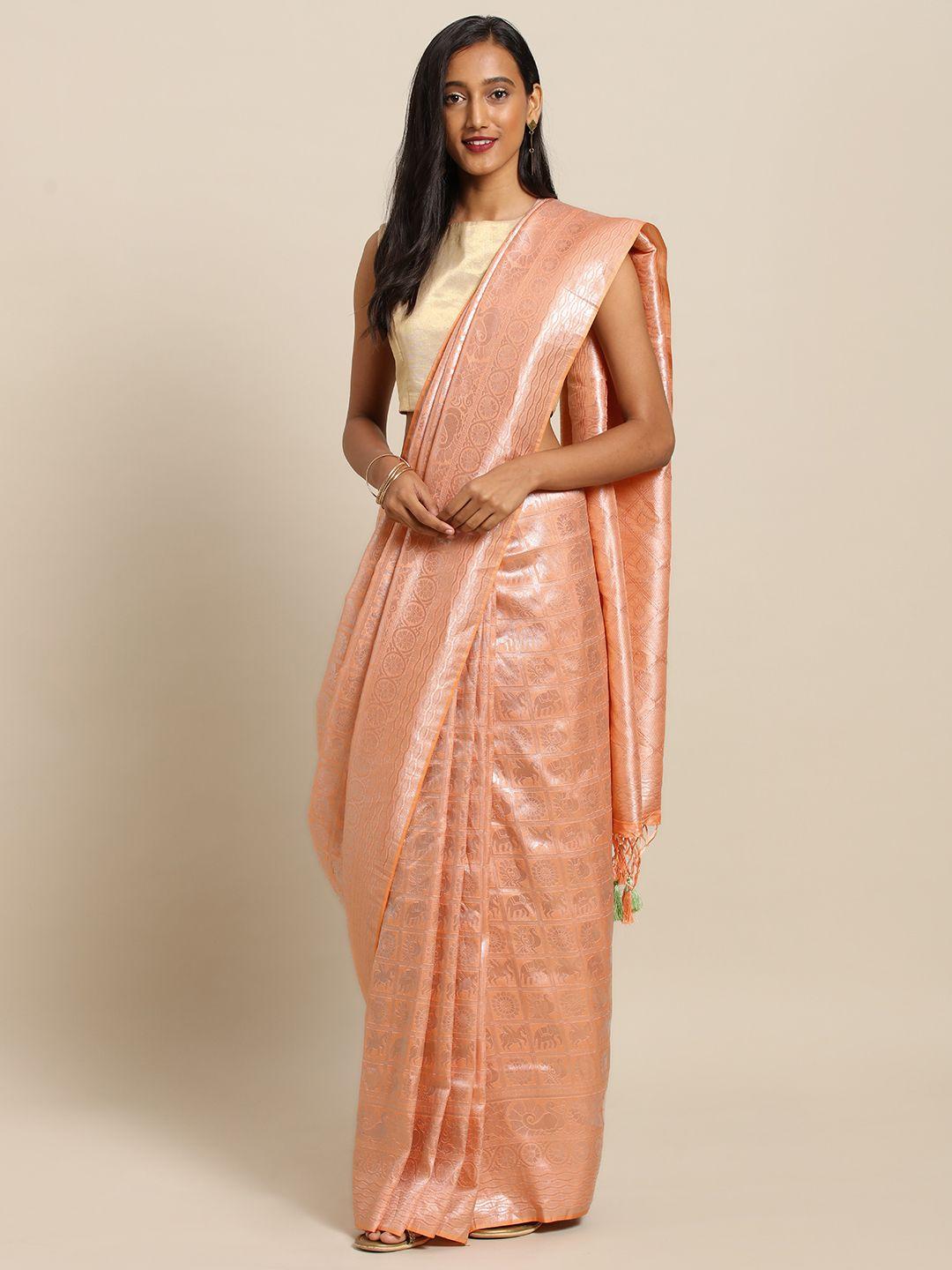 vastranand-peach-coloured-silk-blend-woven-design-baluchari-saree