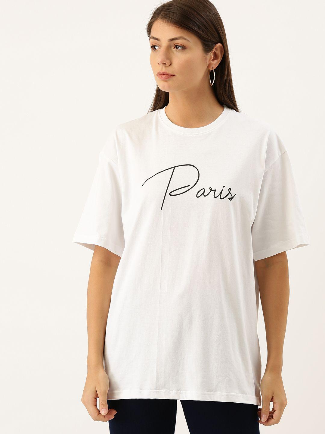 DILLINGER Women White Printed Oversized Round Neck Longline Oversized Pure Cotton T-shirt